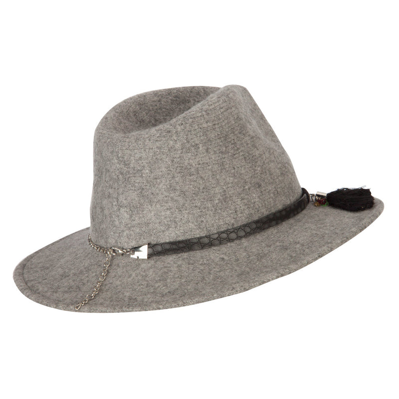 Women's Crocodile Print Trim Band with Tassel and Bead Accent Wool Fedora Hat