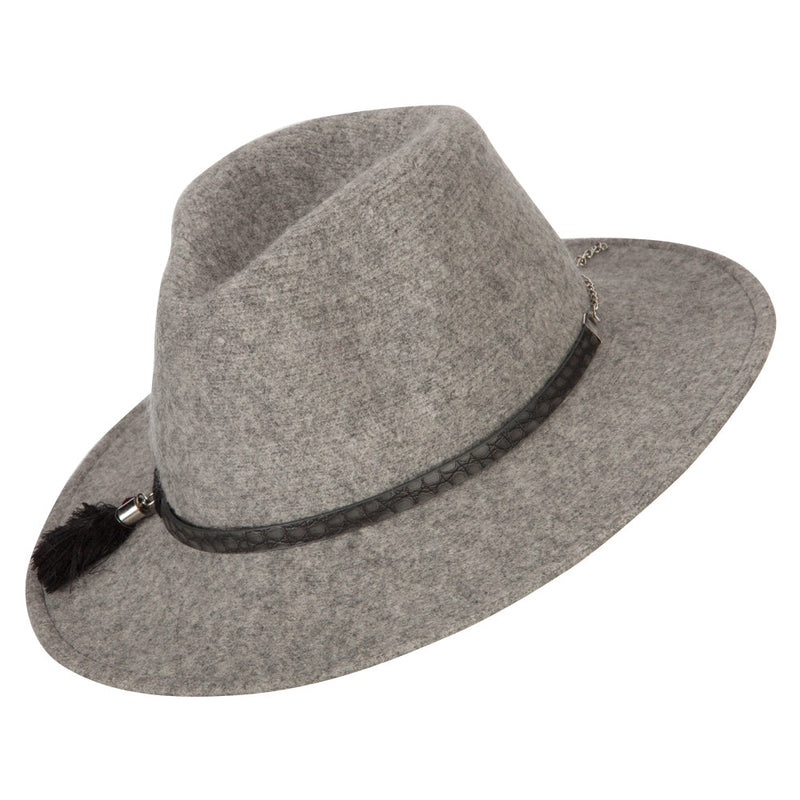 Women's Crocodile Print Trim Band with Tassel and Bead Accent Wool Fedora Hat