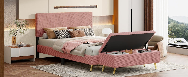2 Pieces Bedroom Sets Queen Size Upholstered Bed Frame, Modern Corduroy Storage Ottoman,Pink