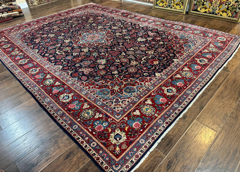 Navy Blue Persian Rug 9x12, Antique Persian Carpet, Kork Wool, 200 KPSI, Persian Kashan Rug