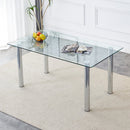 A modern minimalist style glass dining table. Transparent tempered glass tabletop with a thickness of 0.3 feet and silver metal legs. Suitable for restaurants and living rooms. 63 "x 35.4" x 30"