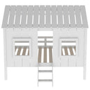 Twin Size Low Loft House Bed With Roof And 2 Front Windows - White