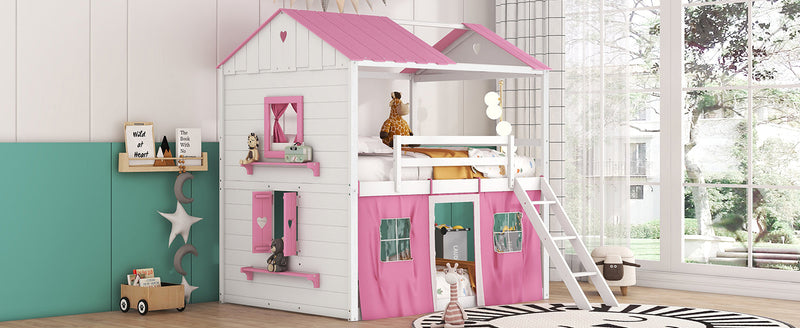 Full Size Bunk Wood House Bed with Elegant Windows, Sills and Tent, Pink+White