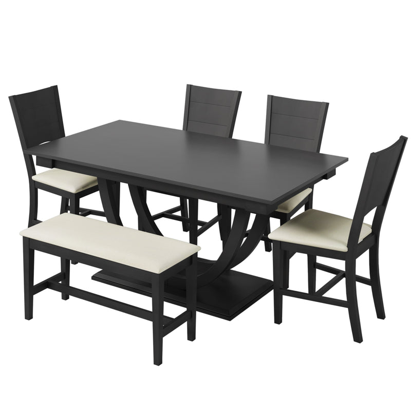 6-Piece Wood Half Round Dining Table Set Kitchen Table Set with Long Bench and 4 Dining Chairs, Modern Style, Gray