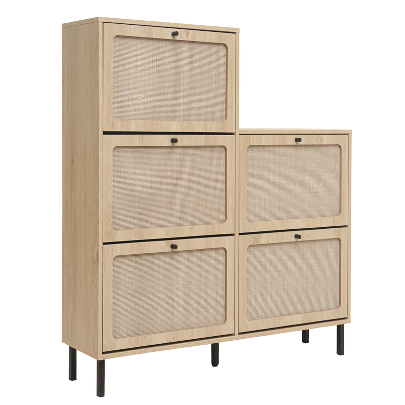 Walker Edison - Rattan 5 Door Shoe Rack, Freestanding Modern Shoe Storage Cabinet, for Entryway