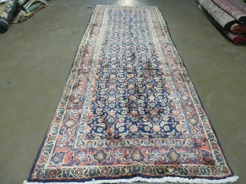 3'7" X 10' Antique Handmade India Floral Oriental Wool Runner Rug Organic Blue
