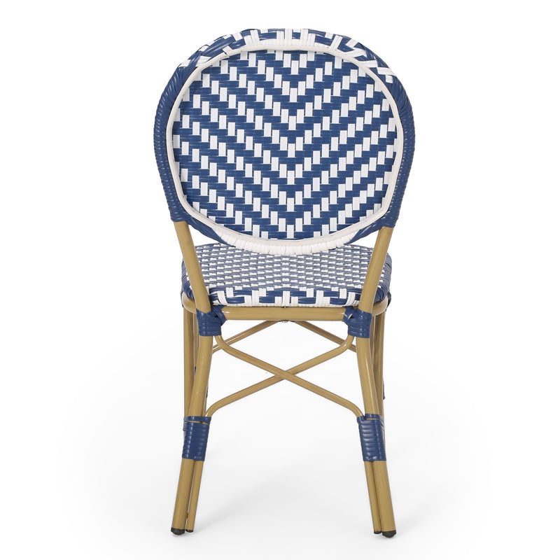 Walker Edison - Outdoor Aluminum 3 Piece French Bistro Set, Navy Blue, White, with Bamboo Finish