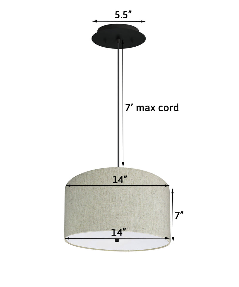 14" W 2 Light Pendant Textured Oatmeal Shade with Diffuser, Black Cord