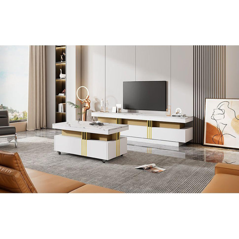 Modern Luxury TV Stand and Coffee Table Set of 2, High Gloss Faux Marble Top, TV Stand for TVs Up to 78", Rectangle Coffee Table with Caster Wheels for Living Room, White