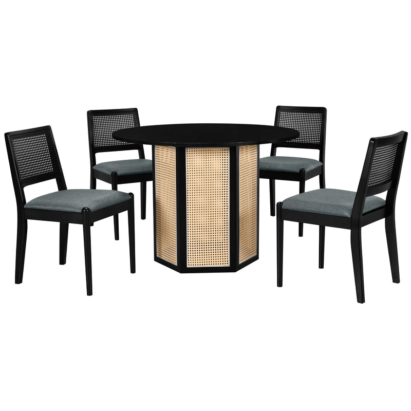 5-Piece Rattan Round Dining Table Set, Wood Table with Hexagonal Base and Upholstered Chairs for Dining Room, Kitchen,Indoor Use, Black+Gray