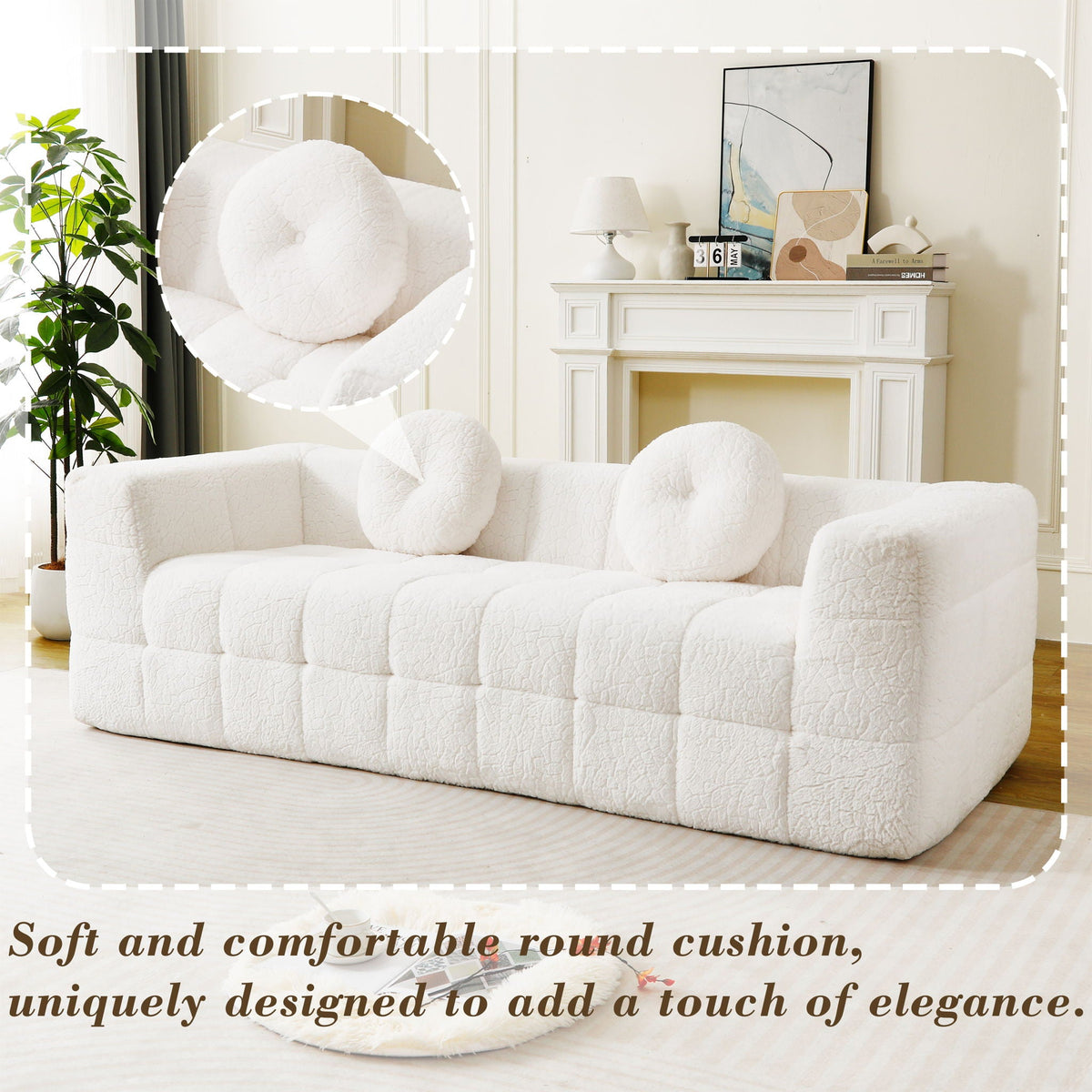Boneless 3 Seater Sofa With Circular Throw Pillows - Beige, photo 12 of 13