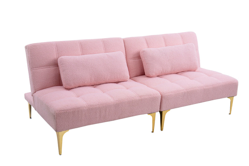 71" Convertible sofa bed futon with gold metal legs teddy fabric (Pink)