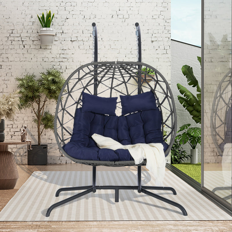 2 Person Outdoor Rattan Hanging Chair Patio Wicker Egg Chair
