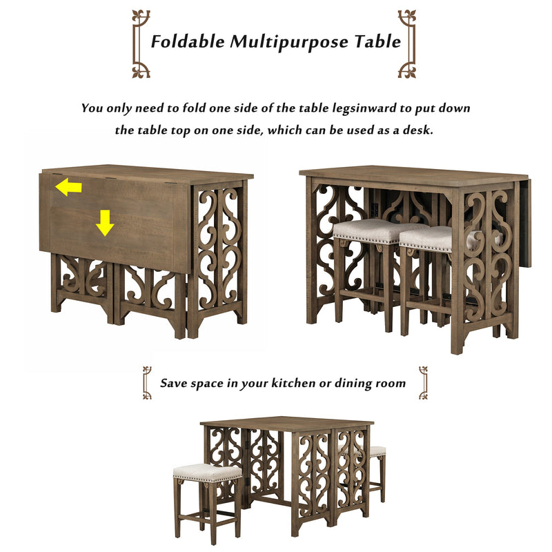 3-Piece Retro Dining Set Solid Wood Counter Height Pub Set Foldable Table with 2 Saddle Stools for Kitchen, Small Space (Distressed Brown)