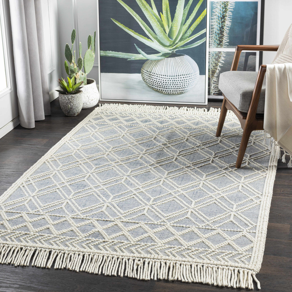 Ramsbury Ivory & Blue Area Rug, installed in a room