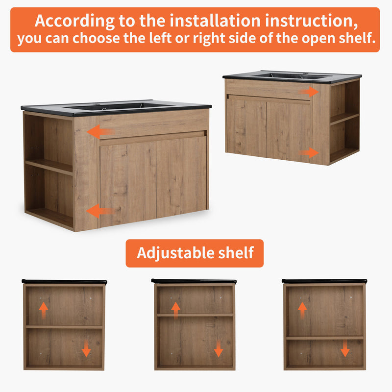 30 Inch Bathroom Vanity With Black Ceramic Basin and Adjust Open Shelf (KD-PACKING)