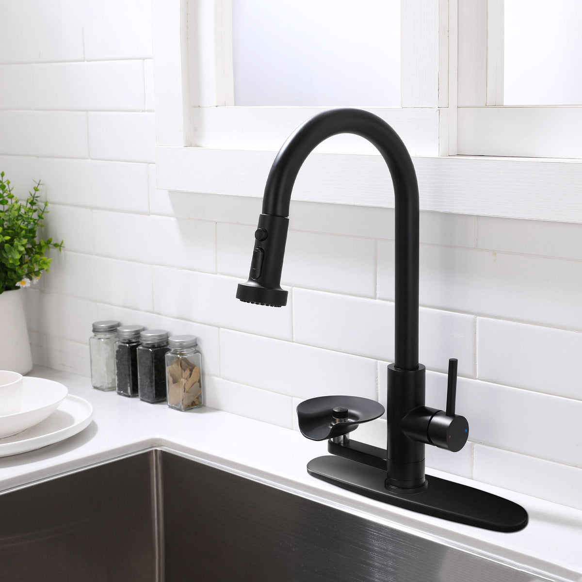 3 In 1 Kitchen Faucet With Press Type Glass Rinser, High Arc Pull Down Sprayer, photo 25 of 28