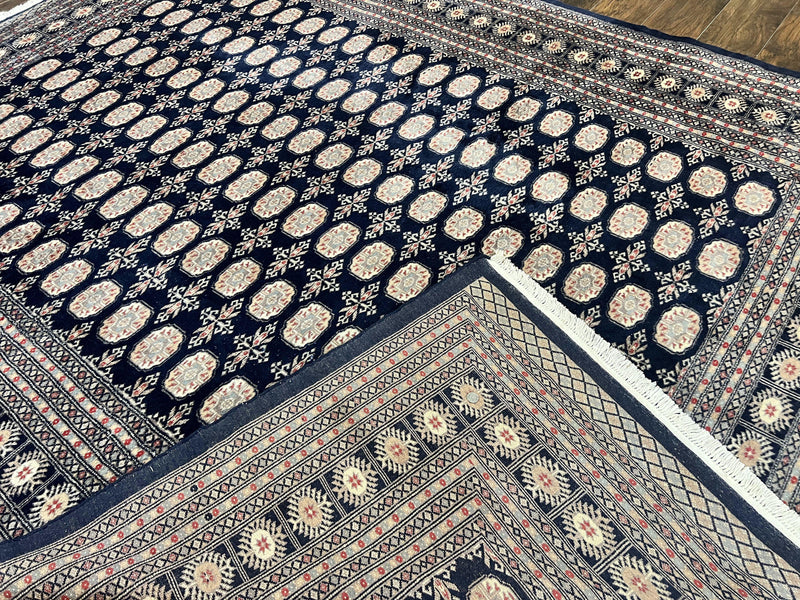 Pakistani Bokhara Rug 8x10, Turkoman Carpet, Dark Blue and Beige, Vintage Handmade Wool Carpet