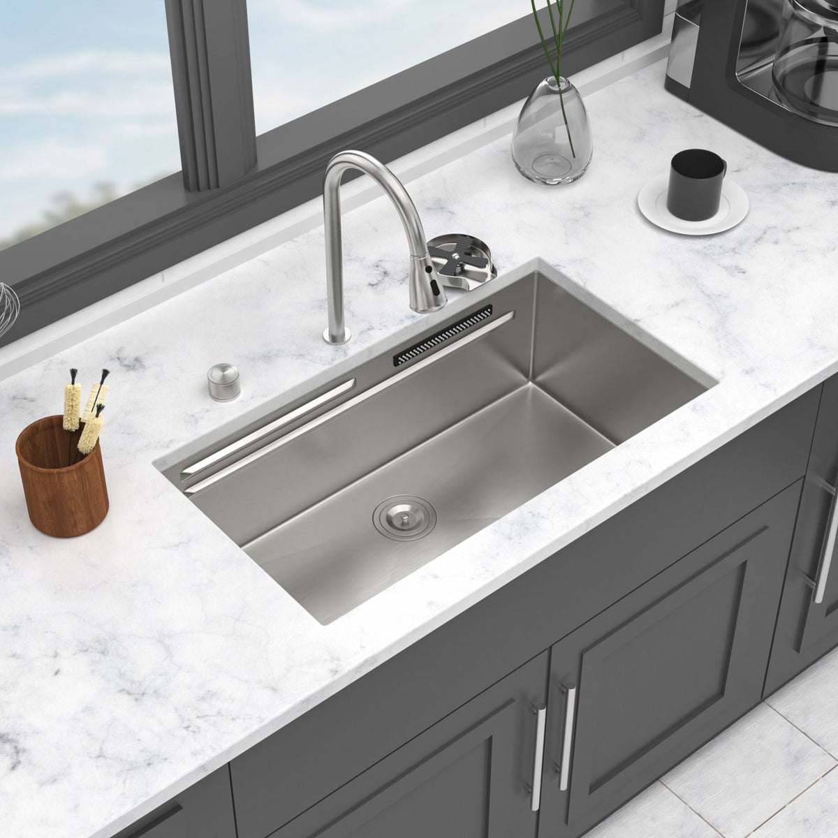 Undermount Stainless Steel Kitchen Sink With Pull Down Faucet & Ledge Workstation, photo 21 of 23