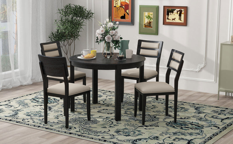 5-Piece Multifunctional Dining Table Set, Farmhouse Dining Set with Extendable Round Table,Two Small Drawers and 4 Upholstered Dining Chairs for Kitchen and Dining Room (Black)