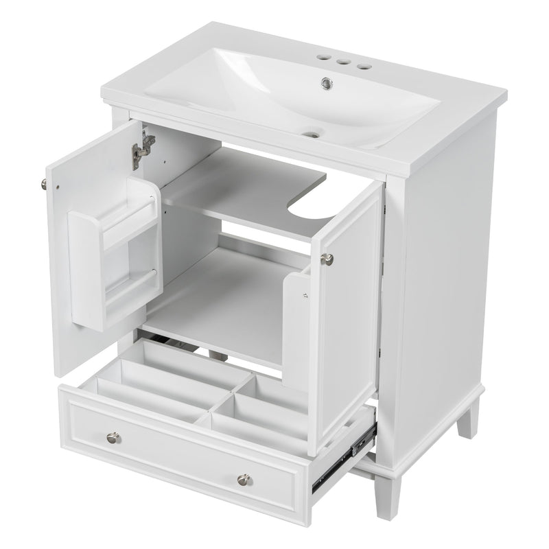 30" Bathroom Vanity with Sink Combo, Multi-functional Bathroom Cabinet with Doors and Drawer, Solid Frame and MDF Board, White