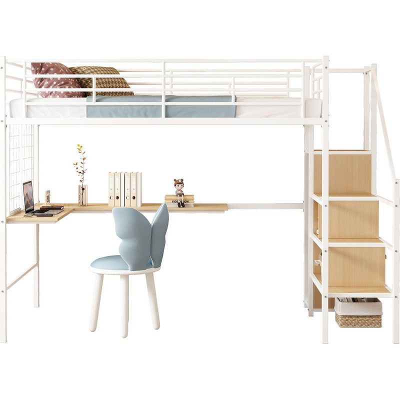 Twin Loft Bed with Desk and Storage Wardrobe, Heavy Duty Loft Bed with Stairs and Metal Grid, Twin Size Loft Bed, No Box Spring Needed, White Loft Bed Twin Size-White
