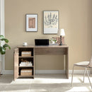 Home Office Desk Hazelnut One Cabinet Three Shelves Faux Barn Door On Metal Euro Hinges Modesty Panel - Light Brown by HouseOfZazla