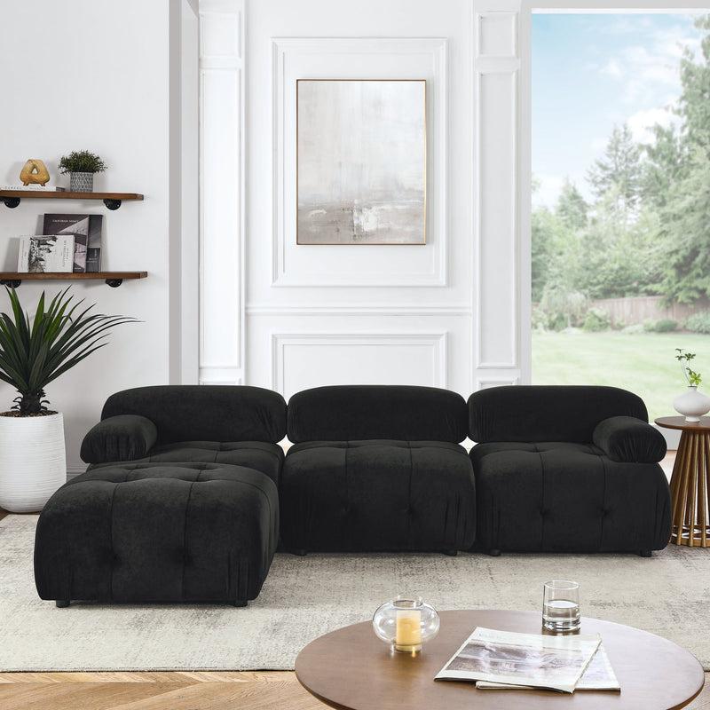 Walker Edison | Black Velvet Cloud Modular Sectional Couch w Ottoman