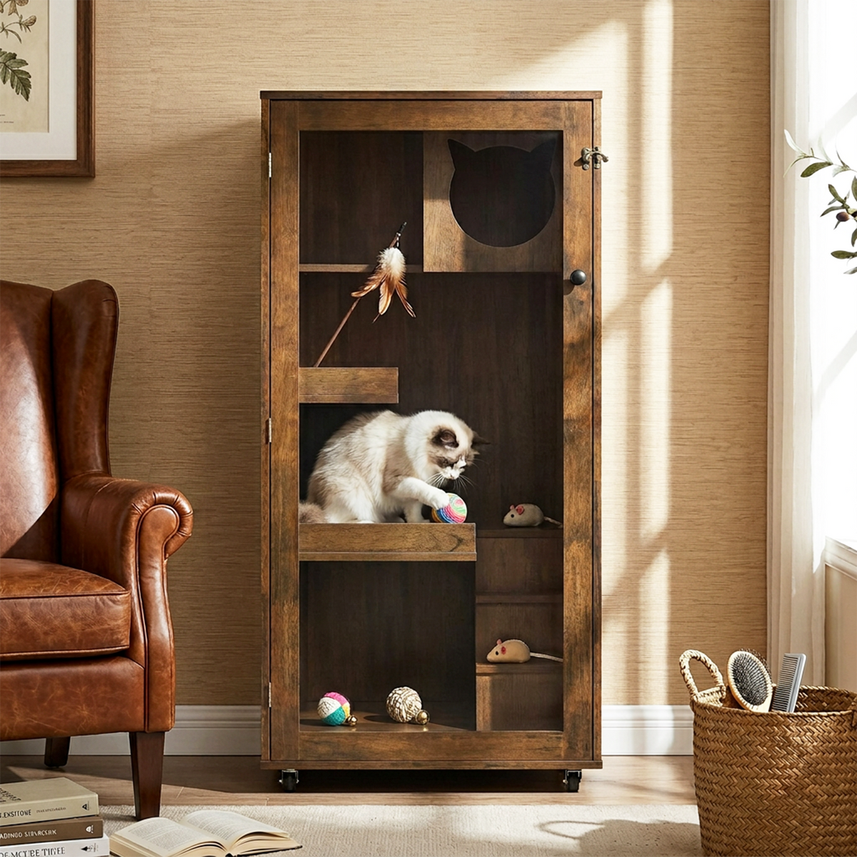 Basia Indoor Rubber Wood Cat Cabinet, photo 2 of 10