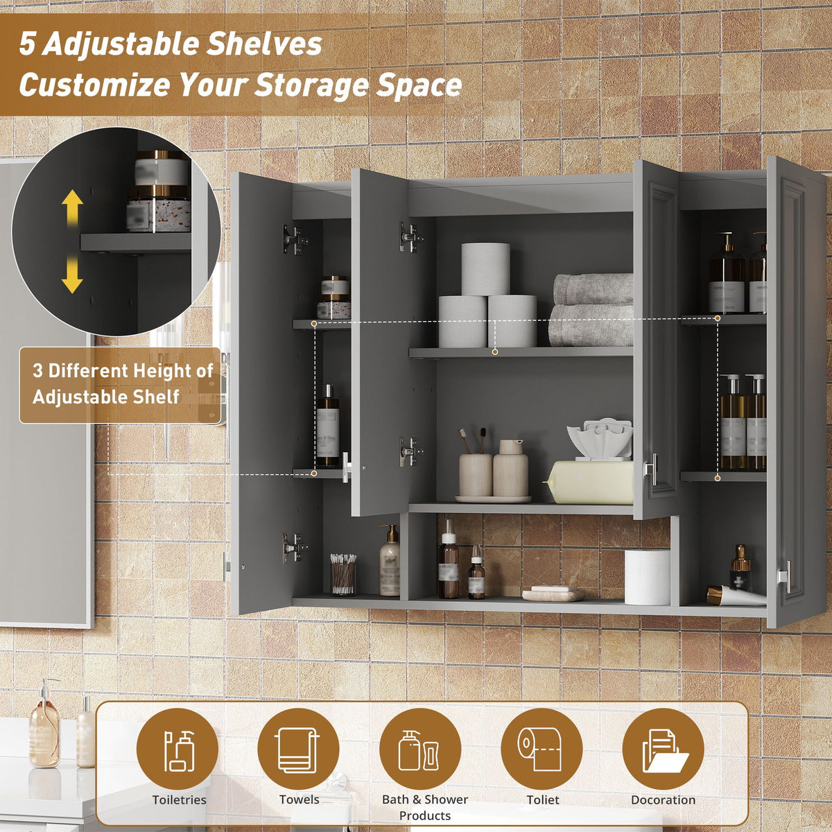 Wall Mounted Bathroom Cabinet With 5 Adjustable Shelves, photo 33 of 40