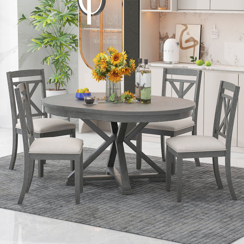 5-Piece Retro Functional Dining Table Set Extendable Round Table and 4 Upholstered Chairs for Dining Room and Living Room (Grey)