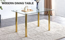 A modern minimalist style glass dining table. Transparent tempered glass tabletop with a thickness of 0.3 feet and golden metal legs. Suitable for restaurants and living rooms. 51"x31.4"x29.5"