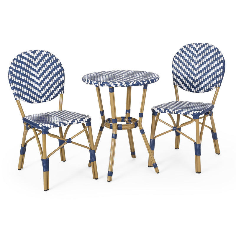 Walker Edison - Outdoor Aluminum 3 Piece French Bistro Set, Navy Blue, White, with Bamboo Finish