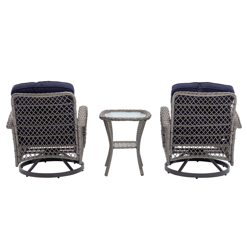3 Pieces Outdoor Swivel Rocker Patio Chairs, 360 Degree Rocking Patio Conversation Set with Thickened Cushions and Glass Coffee Table for Backyard, Navy blue