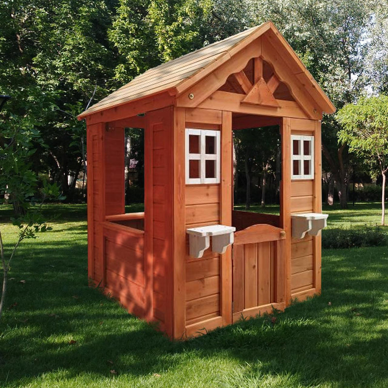 All Wooden Kids Playhouse with 2 windows and flowerpot holder,42"Lx46"x55"H,Golden Red