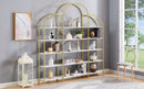 74.8 Inch 5 Tiers Office Bookcase Bookshelf, Display Shelf with Round Top, X Bar Gold Frame