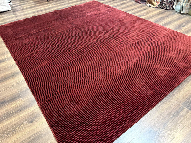 Modern Tibetan Rug 8x10, Red, Stripes, Handmade Wool Thick Pile Carpet