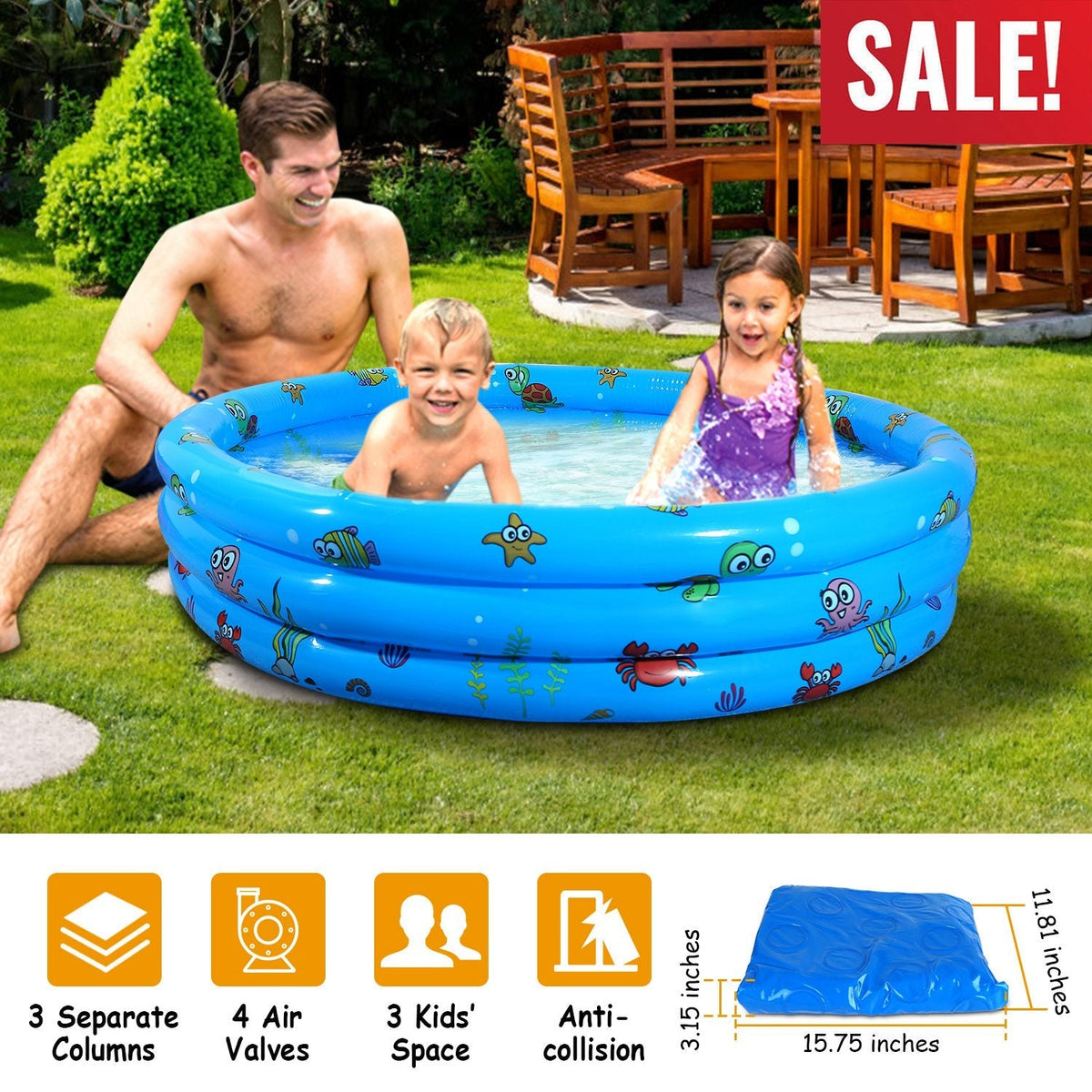 51x13Ó Inflatable Swimming Pool Blow Up Family Pool For 3 Kids Foldable Swim Ball Pool Center w/ 4 Valves Bottom Water Drain Plug For Indoor Backyard, photo 12 of 15