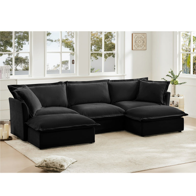 Slipcovered U Shape Sectional Deep Seat Sofa Couch, 3 Seater Sofa with French Edges Design Multiple Big Pillows, Modular Deep Seat Sectional Sofa Comfy Cloud Couch for Living Room, Apartment,Chenille