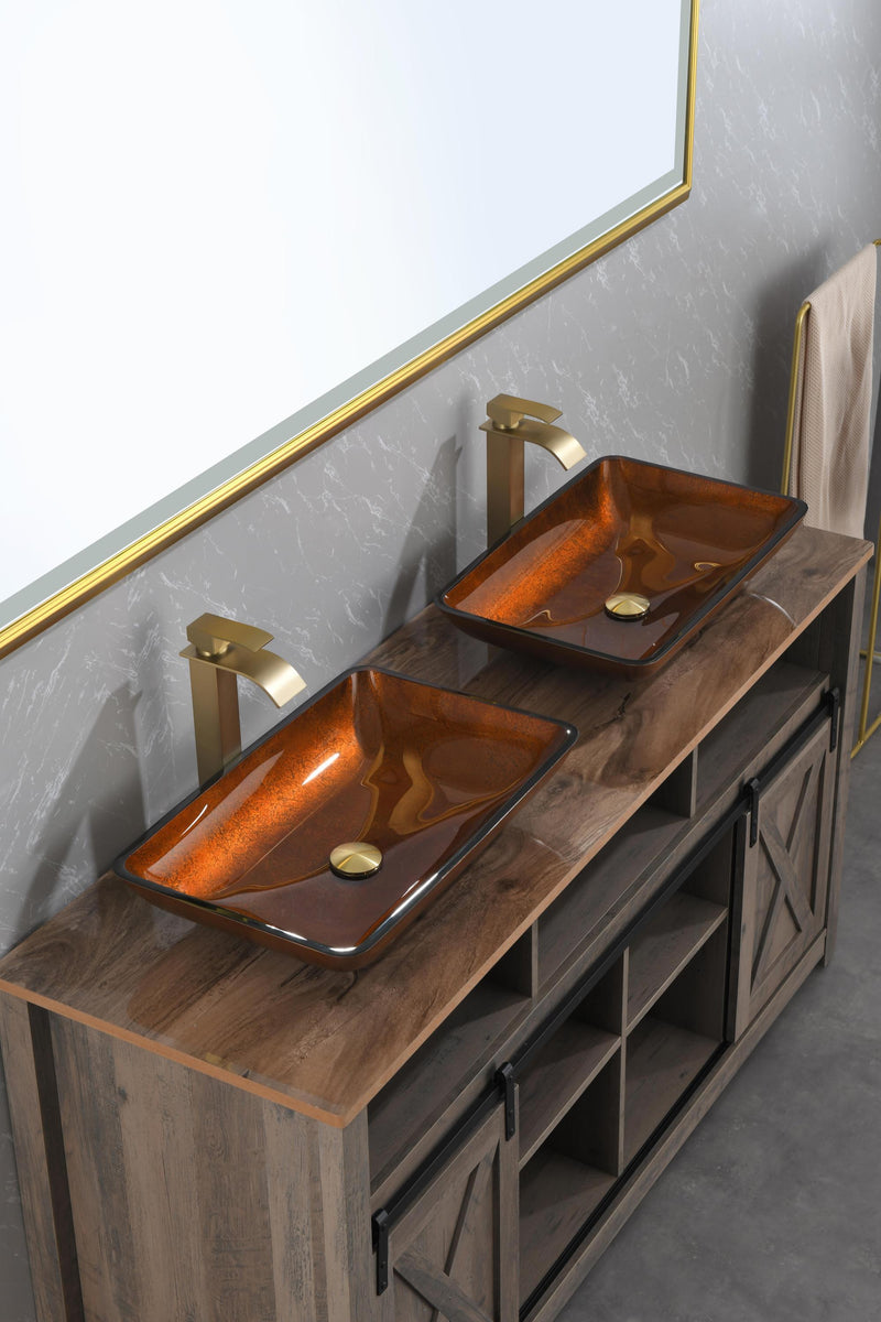 22.5" L -L -14.5" W -4 1/2 in. Handmade Glass Rectangle Vessel Bathroom Sink Set in Rich Chocolate Brown Finish with gold Faucet and gold Pop Up Drain