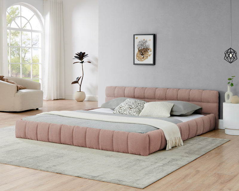 King size  Upholstered Bed Frame with Thick Fabric, Chenille Fabric Grounded Queen Size Platform Bed with Headboard and Solid Frame. No Box Spring Needed-Pink(88.5''*85.5''*24'')