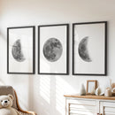 Moon Phases Set of 3 Prints. Black and White Lunar Cycle by Wall Art Set
