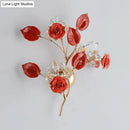 GobekUsa Ceramic and Crystal Branch Wall Lamp with 3 Bulbs and Rose/Leaf Design in Black/White for Bedroom Sconce Lighting