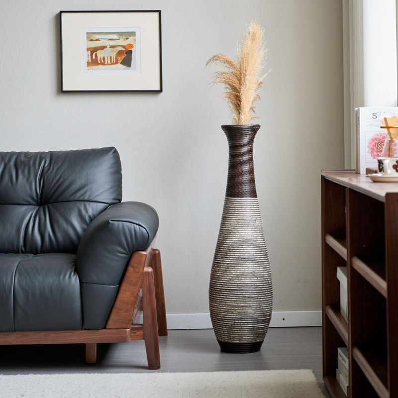 Tall Standing Designer Floor Vase Durable Artificial Rattan Elegant 2 Tone Finish Ideal Decor Accent For Living Room, Bedroom, Entryway Stylish Home Decor Statement Piece - Black / Gray, photo 15 of 17