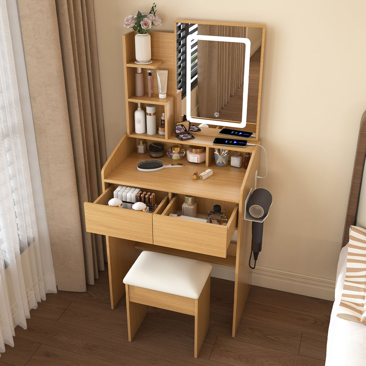 Vanity Table With LED Mirror, Power Outlet, Hairdryer Holder & Padded Stool, Compact Dressing Desk For Small Bedrooms - Wood, photo 6 of 7