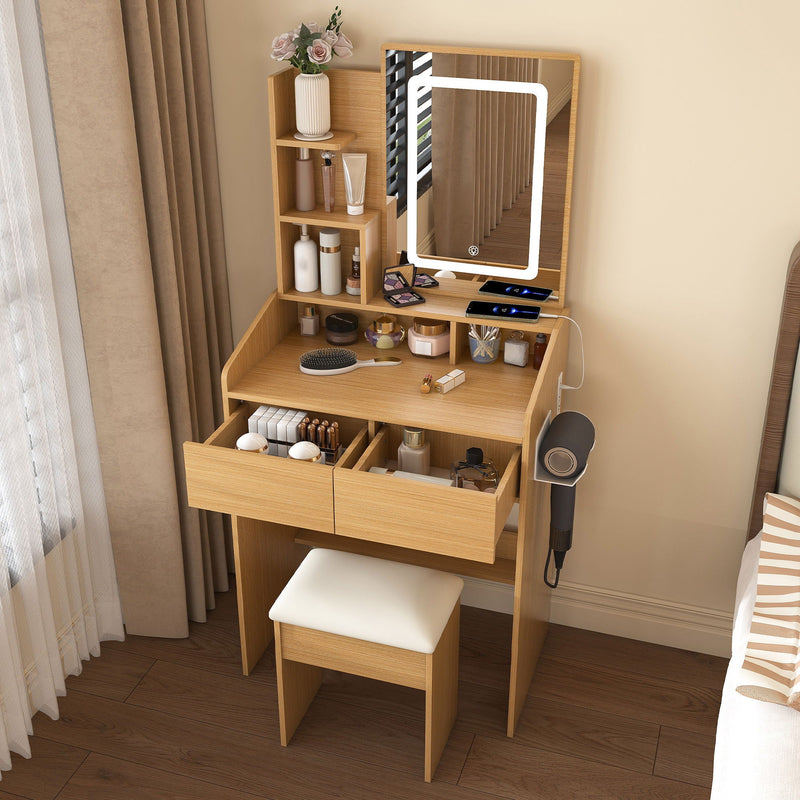 Vanity Table With LED Mirror, Power Outlet, Hairdryer Holder & Padded Stool, Compact Dressing Desk For Small Bedrooms - Wood, photo 6 of 7