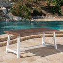 Outdoor Dark Brown Sandblast Finish Acacia Wood Dining Table with White Rustic Metal Frame, Weather Resistant