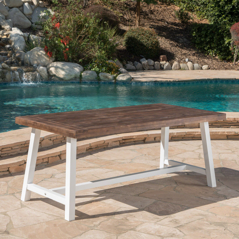 Outdoor Dark Brown Sandblast Finish Acacia Wood Dining Table with White Rustic Metal Frame, Weather Resistant
