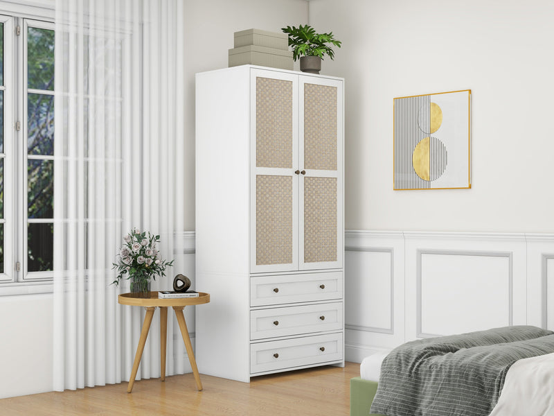 Walker Edison - 2-Door Wardrobe with 3 Drawers High Wardrobe  Armoire With 2 Rattan Door For Living Room, Bedroom Organizer