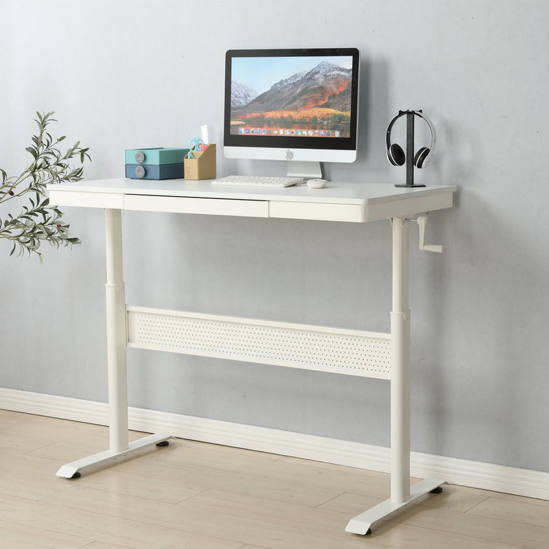 (White Tabletop) 48 x 24 InchesStanding Desk with Metal Drawer, Adjustable Height Stand up Desk, Sit Stand Home Office Desk, Ergonomic Workstation